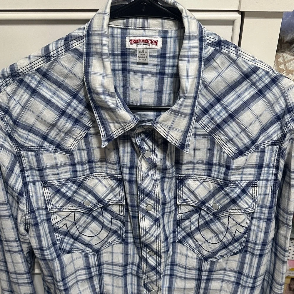 True Religion White and Blue Plaid Button-Down Shirt